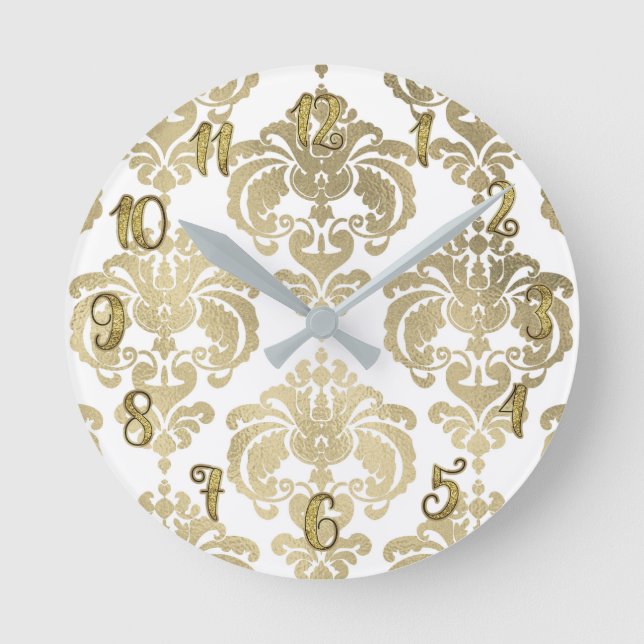 Gold Glam & White Damask Modern Personalised Round Clock (Front)