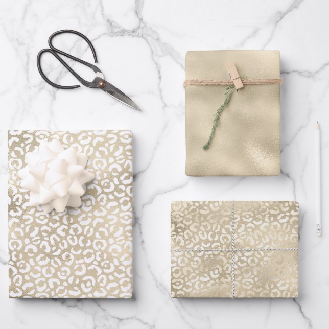 Gold Glam White Leopard Print Wrapping Paper Sheet (Front)