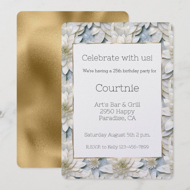 Gold Glam White Lotus Flowers Birthday Invitation (Front/Back)