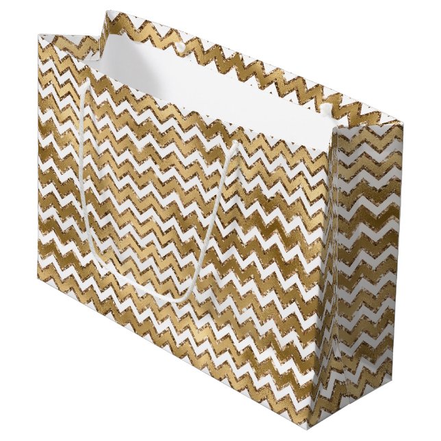 Gold Glam Zigzag Stripes Christmas Large Gift Bag (Front Angled)
