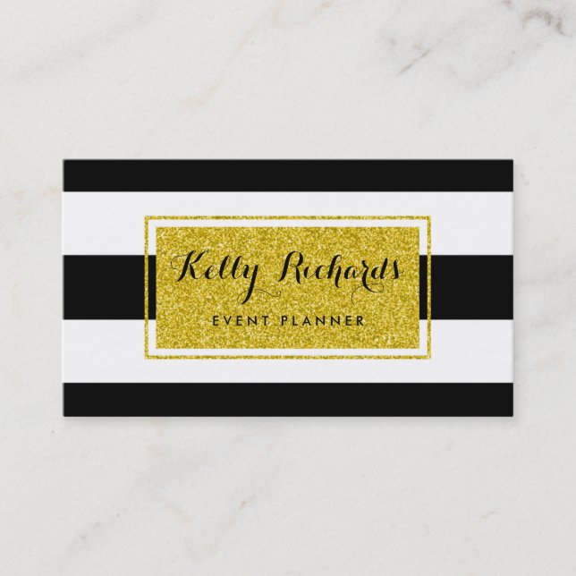 Gold Glamour Black White Stripes Business Card (Front)