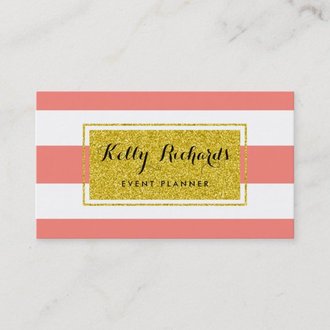 Gold Glamour Coral Pink White Stripes Business Business Card (Front)