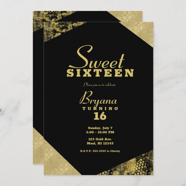 Gold Glamour Geometric Modern Chic Sweet 16 Party Invitation (Front/Back)