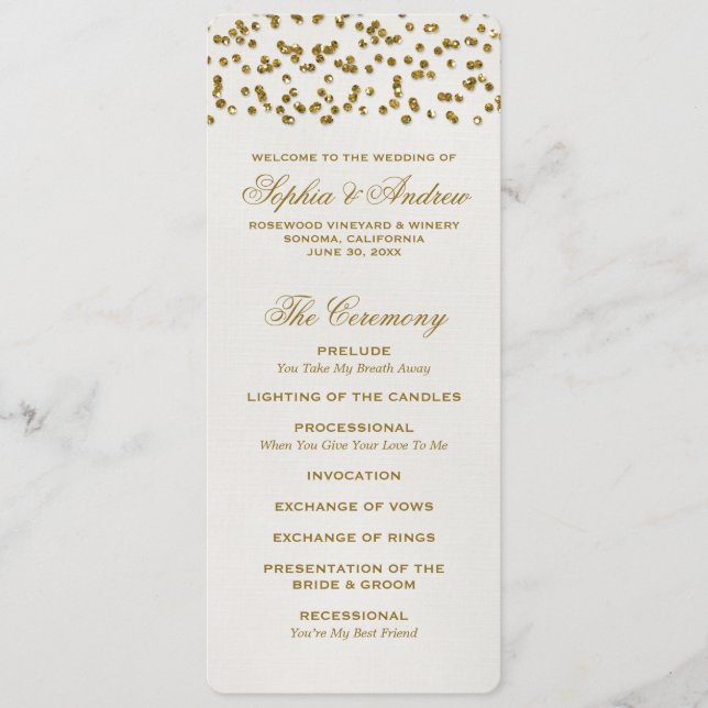 Gold Glamour Glitter Confetti Wedding Program Programme (Front)