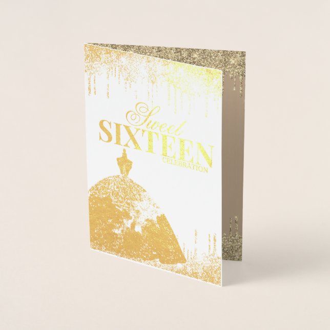 Gold Glamour Glitter Spark Drip Sweet 16 Birthday Foil Card (Front)