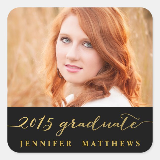 Gold Glamour Handwriting | Photo Graduation Sticke Square Sticker (Front)