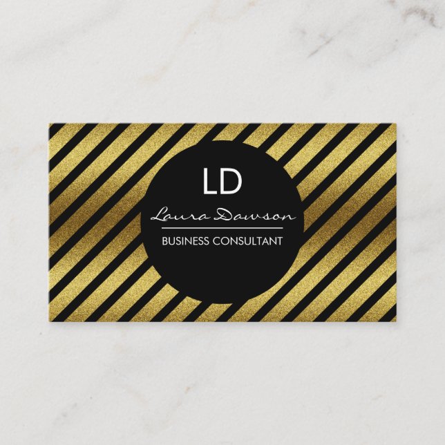 Gold Glamour Monogram Circle and Stripes Business Card (Front)