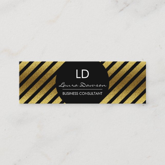Gold Glamour Monogram Circle and Stripes Mini Business Card (Front)