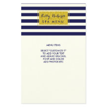 Gold Glamour Navy Blue Ivory Stripes Salon Menu