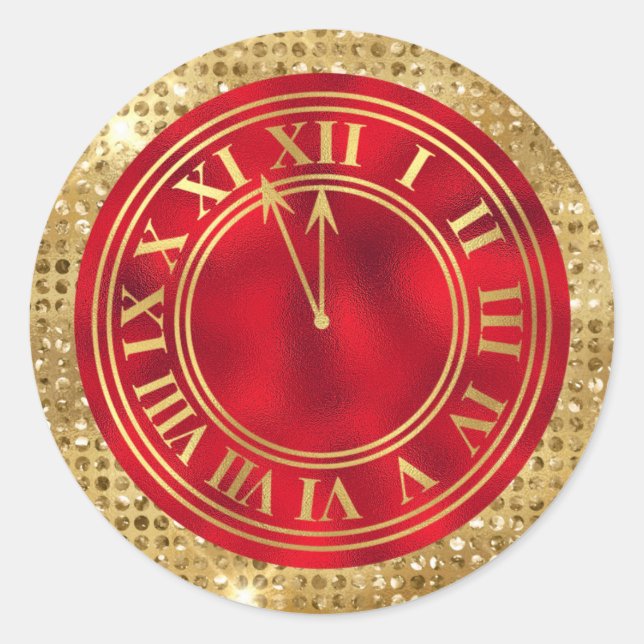 Gold Glamourous Diamonds on Red New Year's Clock Classic Round Sticker (Front)