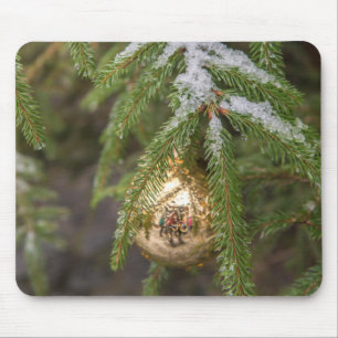 Gold Glass Christmas Ornament On Evergreen Tree Mouse Mat