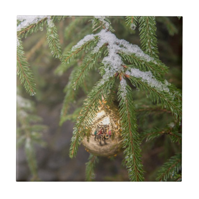 Gold Glass Christmas Ornament On Evergreen Tree Tile (Front)