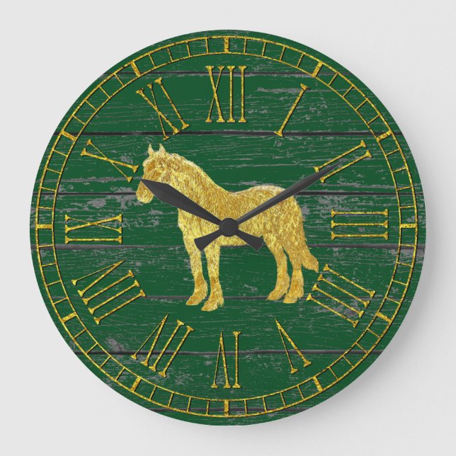Gold Glass Look Horse Your Colour Weathered Wood Large Clock (Front)