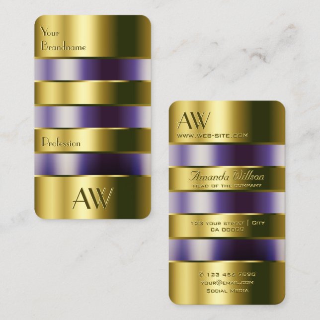 Gold Glass Purple Liquids Faux Engraving Letters Business Card (Front/Back)