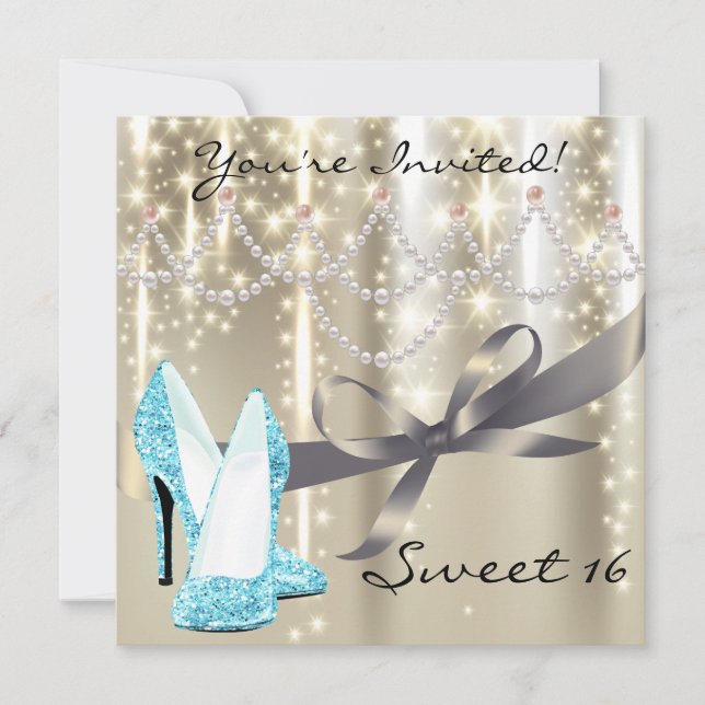 Gold Glimmer Blue Glitter Shoes Sweet Sixteen Invitation (Front)