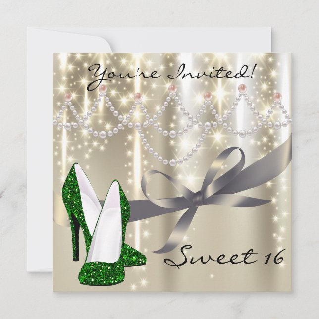 Gold Glimmer Emerald Glitter Shoes Sweet Sixteen Invitation (Front)