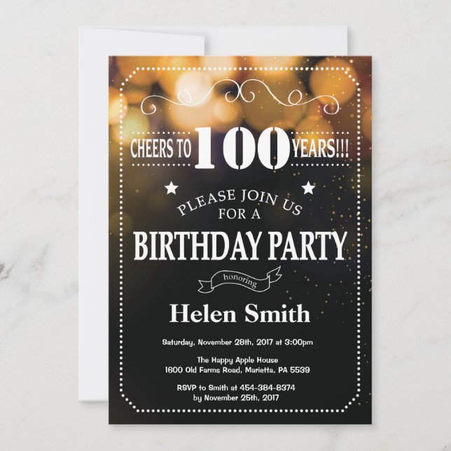 Gold Glitter 100th Birthday Invitation (Front)