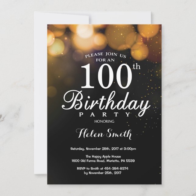 Gold Glitter 100th Birthday Invitation Card (Front)