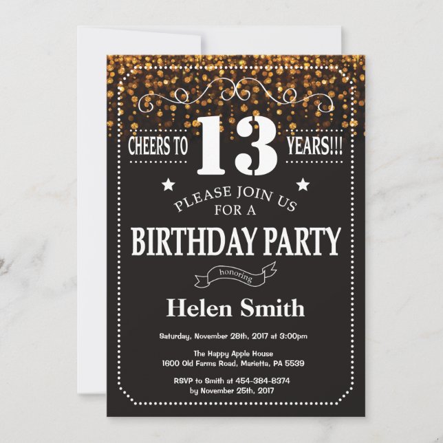 Gold Glitter 13th Birthday Invitation (Front)