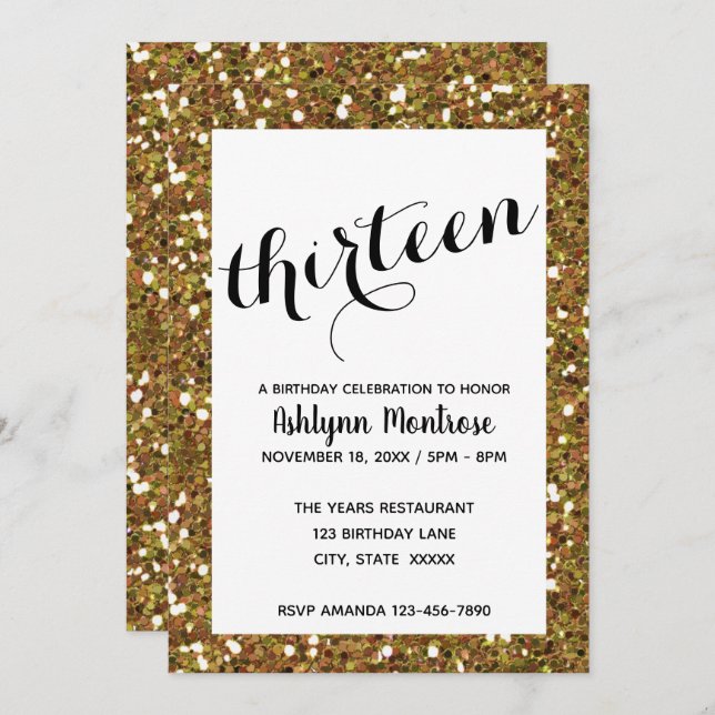 Gold Glitter 13th Birthday Invitation (Front/Back)
