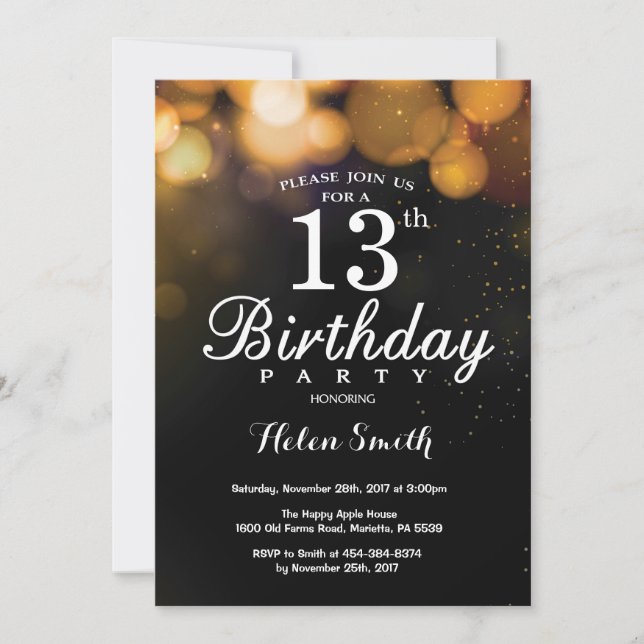 Gold Glitter 13th Birthday Invitation Card (Front)