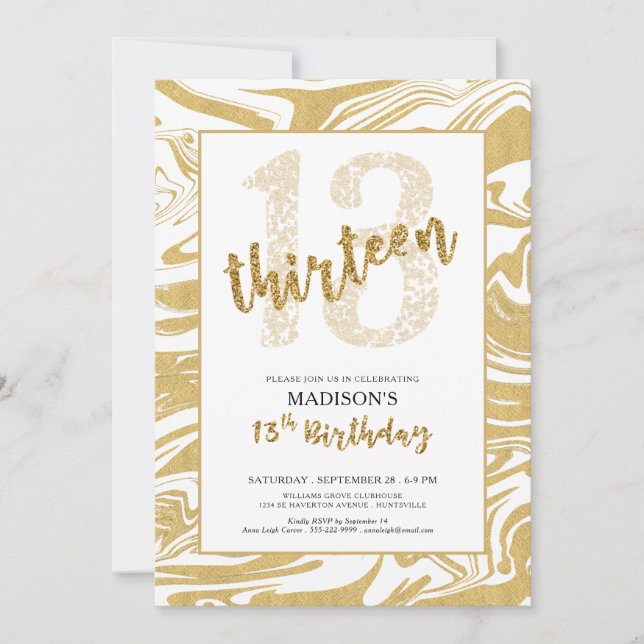 Gold Glitter 13th Birthday Modern Script Invitation (Front)