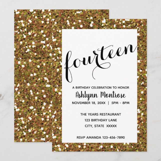 Gold Glitter 14th Birthday Invitation (Front/Back)