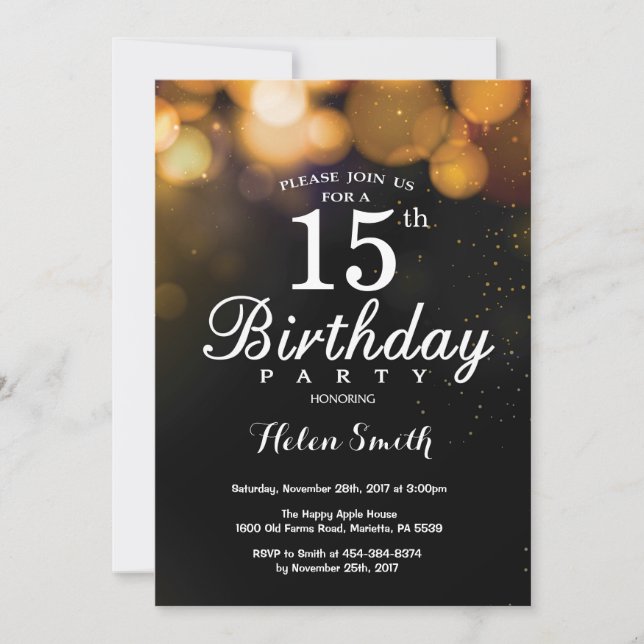 Gold Glitter 15th Birthday Invitation Card (Front)