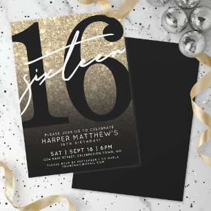 Gold Glitter 16th Birthday Invitation