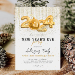 Gold Glitter 2024 New Year's Eve Party White Invitation