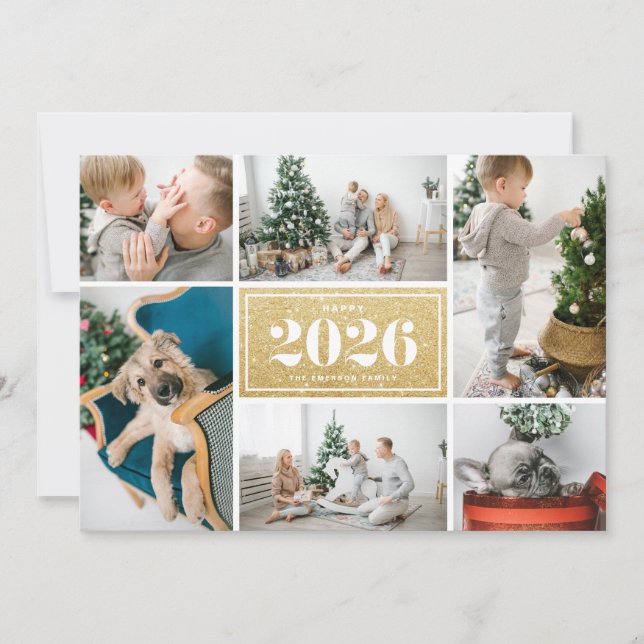 Gold Glitter 2025 Happy New Year Photo Collage Holiday Card (Front)