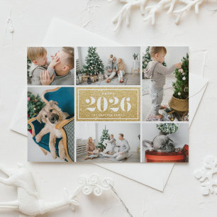 Gold Glitter 2025 Happy New Year Photo Collage Holiday Card