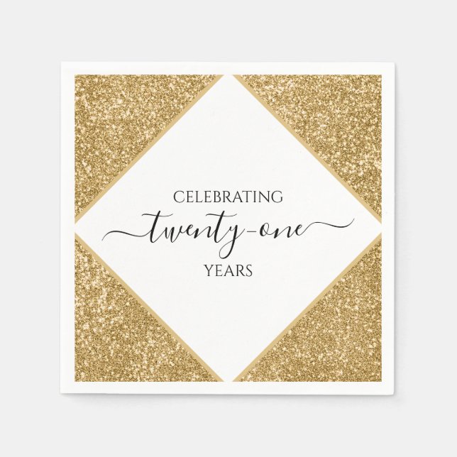 Gold Glitter 21st Anniversary Happy Birthday Party Napkin (Front)