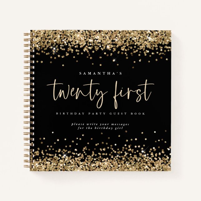 Gold Glitter 21st Birthday Black Guest Book (Front)