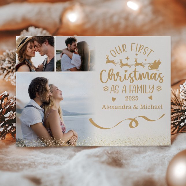 Gold Glitter 3 Photo Christmas Holiday Card (Creator Uploaded)