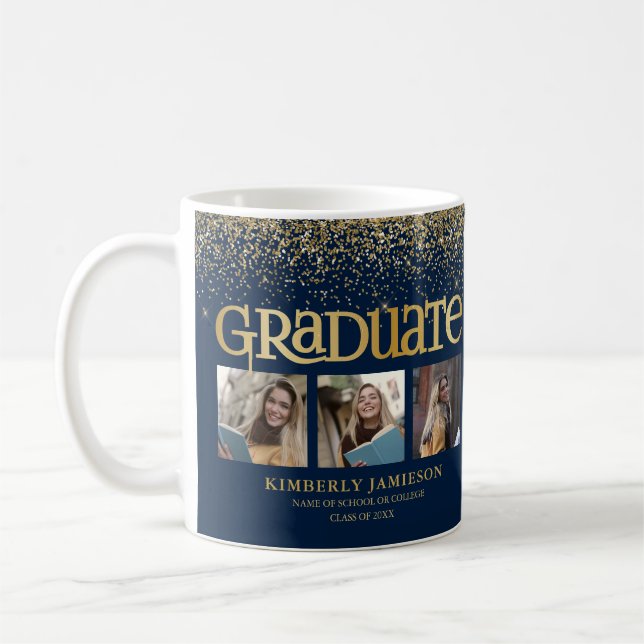 Gold Glitter 3 Photo Graduation Coffee Mug (Left)