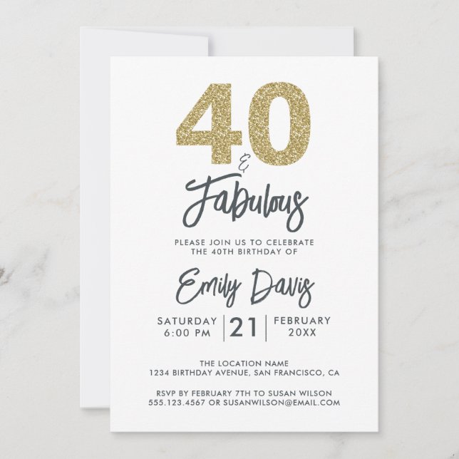 Gold Glitter 40 and Fabulous | 40th Birthday Party Invitation (Front)
