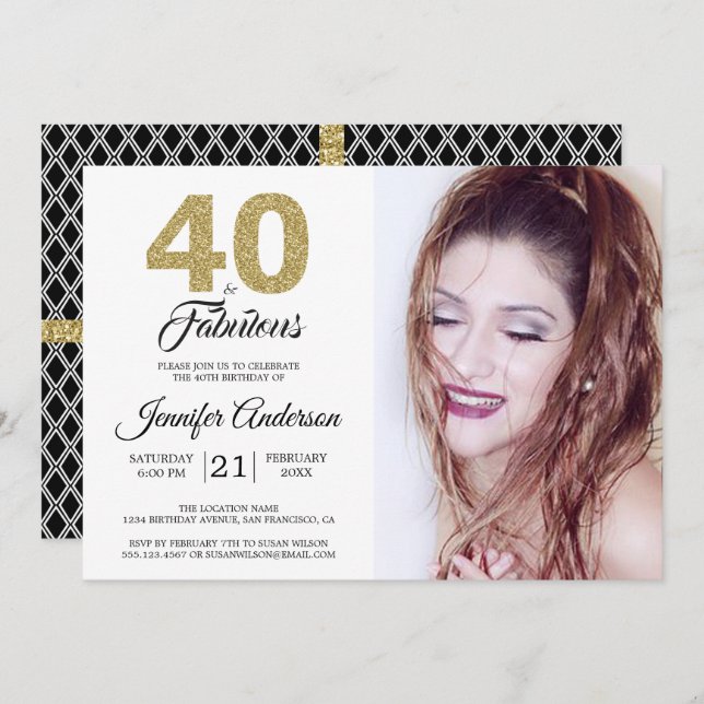 Gold Glitter 40 and Fabulous 40th Birthday Photo Invitation (Front/Back)