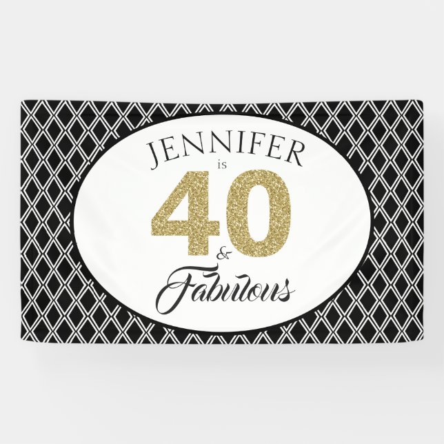 Gold Glitter 40 and Fabulous Custom 40th Birthday Banner (Horizontal)