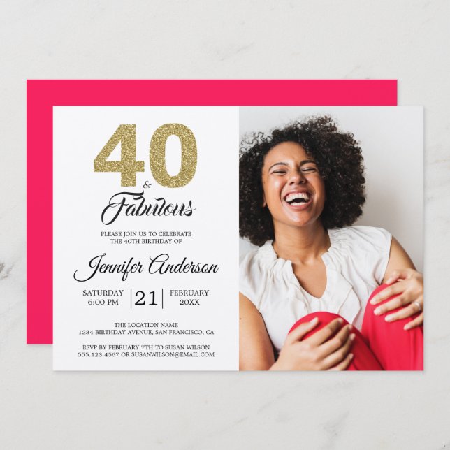 Gold Glitter 40 & Fabulous Birthday Photo Invitation (Front/Back)