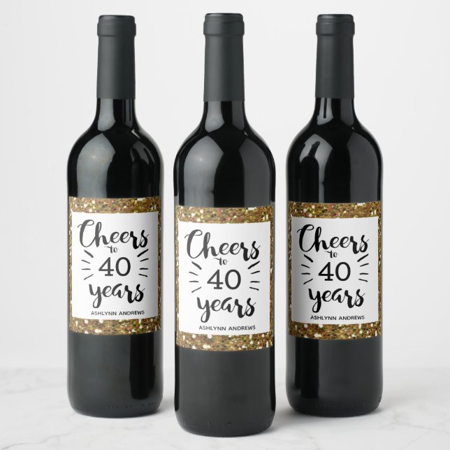 Gold Glitter 40th Birthday - Cheers to 40 Years Wine Label (Bottles)
