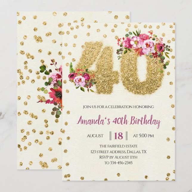 Gold Glitter 40th Birthday Invitation (Front/Back)