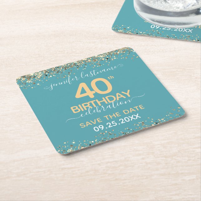 Gold Glitter 40th Birthday Save the Date Square Paper Coaster (Angled)