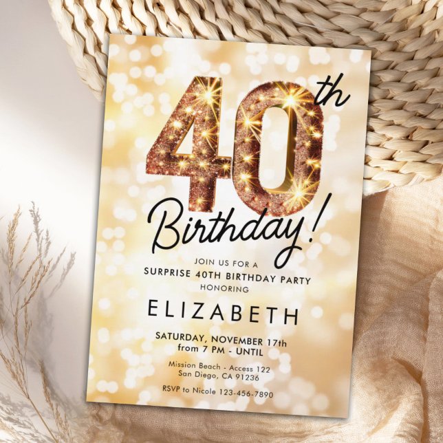 Gold Glitter 40th Digital Birthday Invitation (Creator Uploaded)