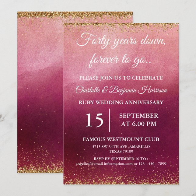 Gold Glitter 40th Ruby Wedding Anniversary  Invitation (Front/Back)
