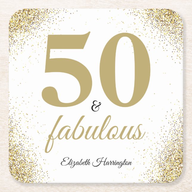 Gold Glitter 50 And Fabulous Birthday Square Paper Coaster (Front)
