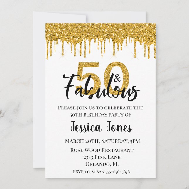 Gold Glitter 50 and Fabulous Fifty Birthday party Invitation (Front)