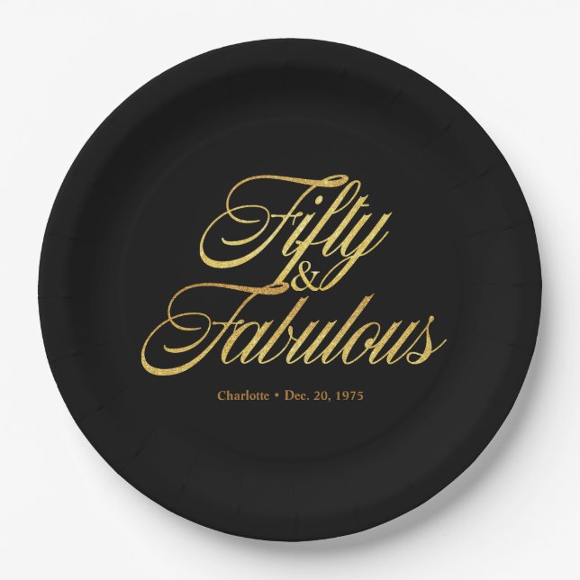 Gold Glitter 50 and Fabulous Modern 50th Birthday  Paper Plate (Front)