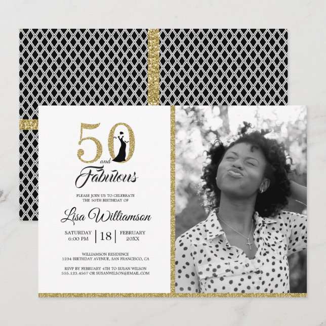 Gold Glitter 50 Fabulous 50th Birthday Party Photo Invitation (Front/Back)