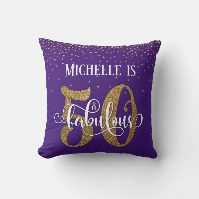 Gold Glitter 50 & Fabulous Birthday on Purple Cushion (Front)